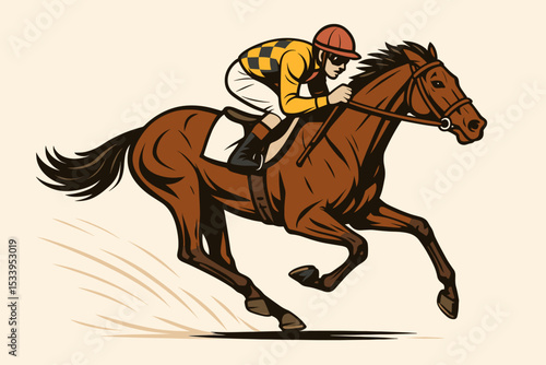 Racehorse with jockey in full gallop. Dynamic vector illustration for equestrian sports and horse racing derby. Thoroughbred stallion in fast competition. Betting concept art.