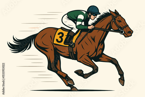 Jockey riding a thoroughbred racehorse in full gallop. Vector illustration of horse racing action. Equestrian sport, derby competition, and betting concept. Fast stallion logo.