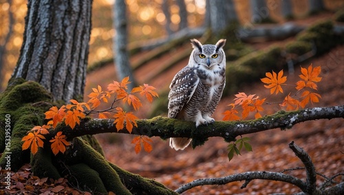 Great horned owl perched in autumn forest