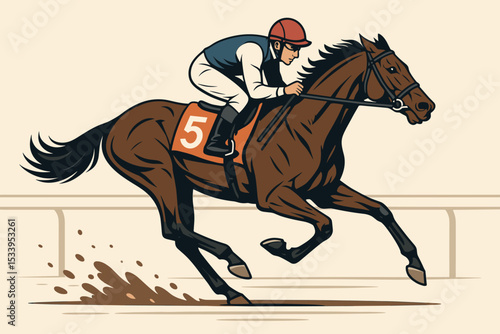 Jockey riding a fast racehorse during an equestrian competition. Galloping thoroughbred on a racetrack in a derby event. Vector illustration for sports, betting, and winning.