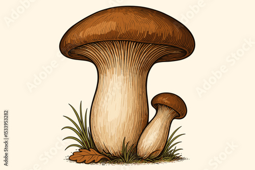 King Oyster mushroom vector illustration in vintage botanical engraving style. Pleurotus eryngii edible fungus drawing. Gourmet culinary fungi for organic food concepts and menus.