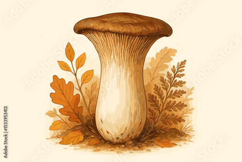 King Oyster Mushroom vintage botanical illustration. Hand-drawn drawing of Pleurotus eryngii. Mycology art of edible fungi with autumn leaves and fern. Scientific nature sketch.