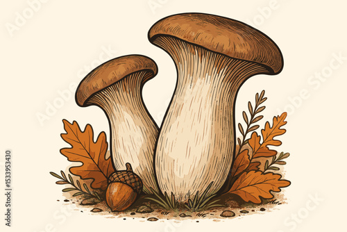 Vintage botanical illustration of King Oyster mushrooms. Hand drawn etching style vector of Pleurotus eryngii fungi with autumn oak leaves, acorn. Mycology art, edible fungi.
