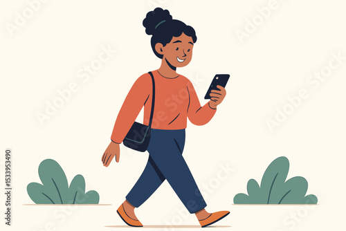 Happy woman strolling outdoors while using a smartphone for texting or browsing social media. Concept of a connected lifestyle, digital communication, and mobile technology.
