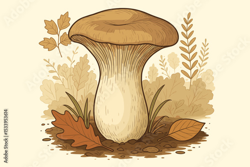 King Oyster mushroom vector illustration. Pleurotus eryngii, gourmet edible fungus. Botanical drawing in a vintage style on a forest floor with autumn leaves. Mycology nature concept.