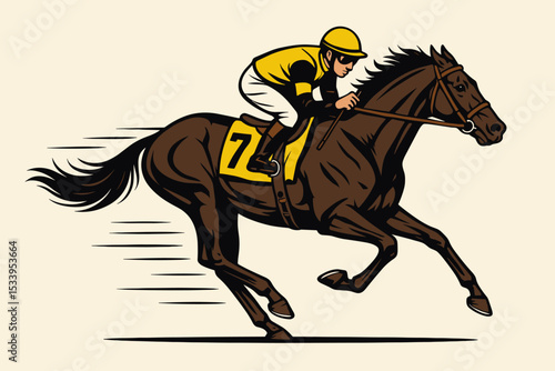 Horse racing vector illustration. Jockey riding a fast galloping racehorse. Equestrian sport. Thoroughbred at the derby. Competition on a racetrack. Winning. Speed motion action. Number 7.