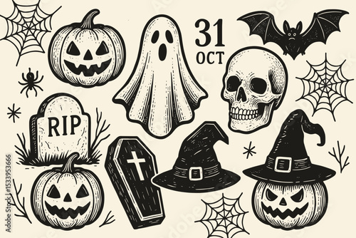 Halloween icons set in vintage engraving style. Spooky hand-drawn vector collection. Retro elements with pumpkin, skull, ghost, bat, witch hat, and coffin for party decoration.