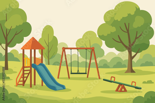 Empty children's playground in a city park. Summer landscape with slide, swing, and seesaw. Outdoor recreational area for kids. Flat cartoon vector background illustration.