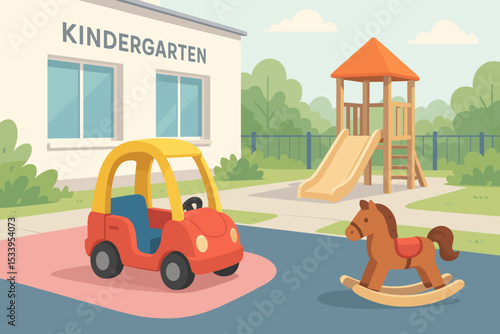 Kindergarten playground with slide and toys. Preschool building exterior with play area for children. Early childhood education and outdoor activity concept vector illustration.