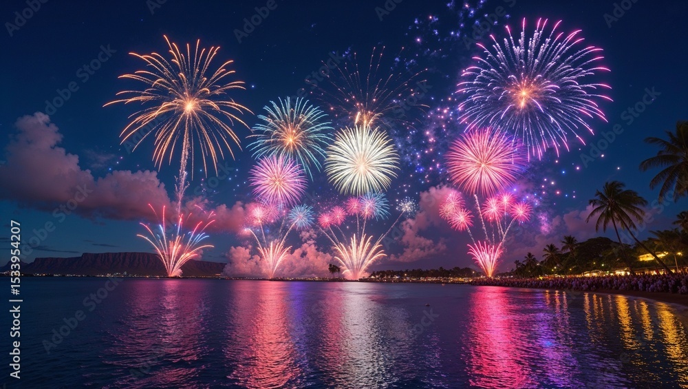 Fototapeta premium Fireworks over beach at night
