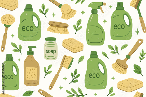 Vector seamless pattern of eco-friendly cleaning supplies. Green home concept with natural detergent, organic soap, wooden brush, sponge. Sustainable zero waste lifestyle background.