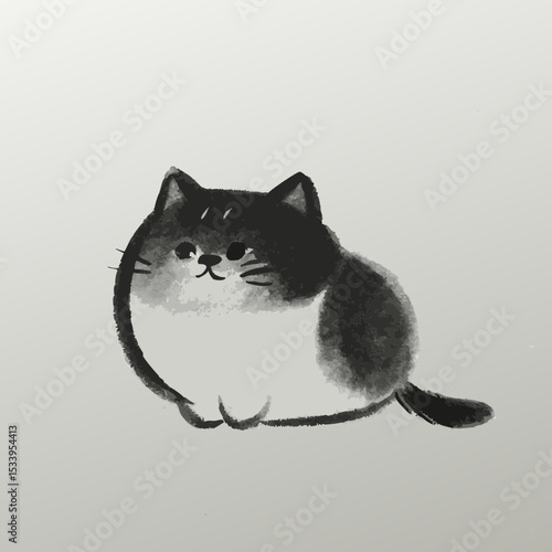 Gato de dibujos animados sentado tranquilamente con cuerpo redondo y pelaje suave