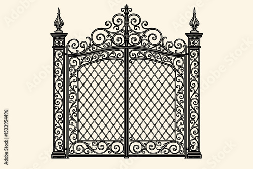 Ornate wrought iron gate. Vintage decorative entrance with elegant scrollwork. Antique classic vector illustration for architecture, estate, or garden. Luxury forged metalwork.