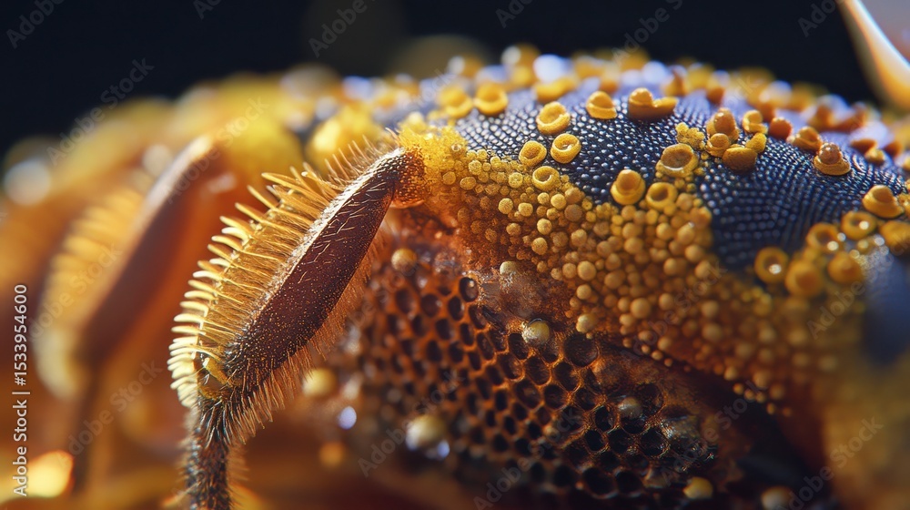 Obraz premium Extreme close-up of bee's leg and honeycomb.
