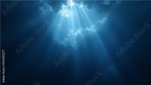 Abstract dark blue sky with light rays and a hint of smoke texture.