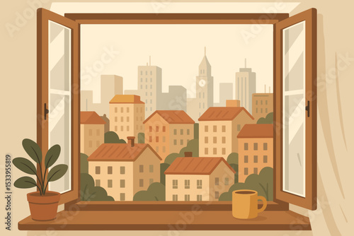 Cozy urban view from an open apartment window with a coffee mug and houseplant on the windowsill. Peaceful city scene with buildings, skyscrapers and clock tower in the morning.