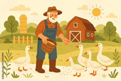 Old farmer feeding geese on a farm. Countryside landscape with barn and silo. Vector illustration of agricultural life and poultry farming. Happy senior man working outdoors.