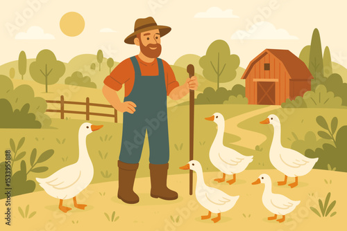 Happy farmer herding white geese in a summer countryside landscape. Agricultural worker with poultry on a farm field. Rural life concept with red barn. Flat vector cartoon illustration.