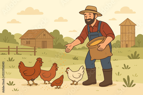 Farmer feeding chickens on a farm. Man with beard scattering grain for poultry from a sack. Rural landscape with barn and silo. Agriculture and animal husbandry concept vector.