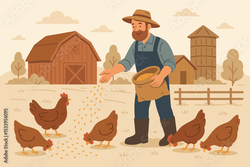Farmer feeding chickens on a farm. Man with grain sack working in barnyard. Rural agriculture and poultry farming concept. Countryside lifestyle with livestock, barn, and silo.