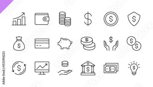 Finance icon set. Money / Payment / Currency / Salary / Savings / Business. Piggy bank, banknote, cash, credit card, coin, money bag icons, sign. Editable stroke. Vector illustration. Flat design.
