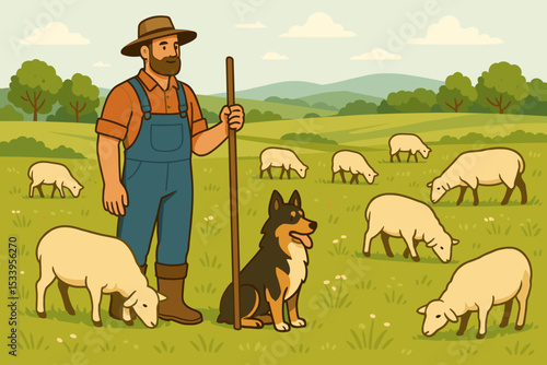 Shepherd farmer with his dog watching over a flock of sheep grazing in a green pasture. Rural countryside landscape vector illustration. Agriculture and animal husbandry concept.