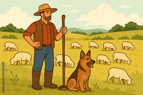 Shepherd with a staff and his German Shepherd dog watching over a flock of grazing sheep. Farmer in a rural pasture. Agriculture, livestock and animal husbandry vector concept.