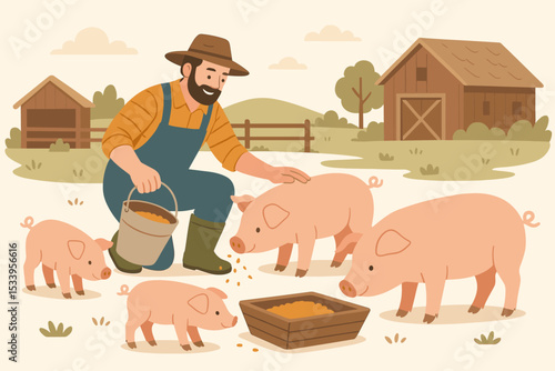 Happy farmer feeding cute pigs and piglets from a bucket on a farm. Animal husbandry and agriculture concept. Man working on a rural ranch with a barn. Vector cartoon illustration.