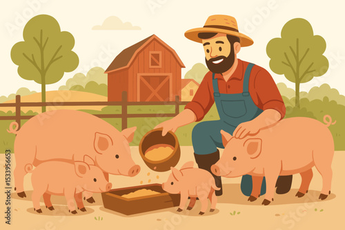 Friendly farmer feeding pigs and piglets on a farm. Man in overalls caring for livestock. Rural agriculture scene with red barn. Animal husbandry and food production concept vector.