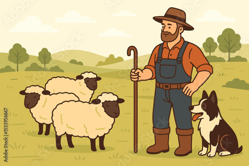Farmer shepherd character with his border collie dog herding a flock of sheep. Rural countryside landscape with green hills. Agriculture and animal husbandry vector concept.