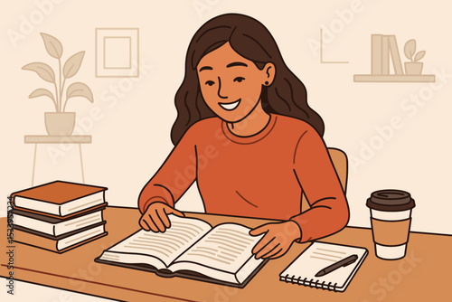Happy female student studying at home, reading a book at her desk. Education and knowledge concept. Girl preparing for university exam, doing homework. E-learning, self-study illustration.
