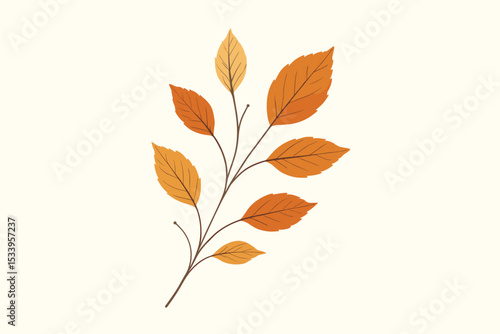 Autumnal branch with fall foliage in orange and yellow. Elegant botanical twig with leaves. Vector illustration for seasonal design. Isolated nature decorative plant element.