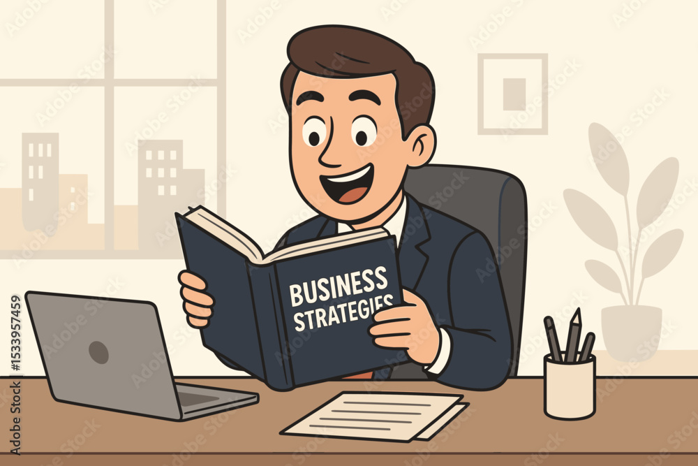 Cartoon businessman reading a book about business strategies. Man in office learning for success and professional growth. Corporate education and knowledge concept vector illustration. Cartoon businessman reading a book about business strategies. Man in office learning for success and professional growth. Corporate education and knowledge concept vector illustration.