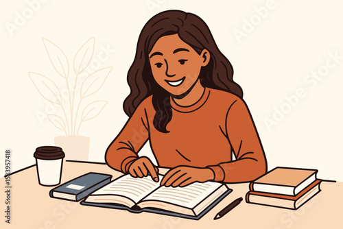 Student studying illustration. Happy young woman reading book at desk for exam preparation. Education, learning, and knowledge concept. University or college lifestyle doing homework.