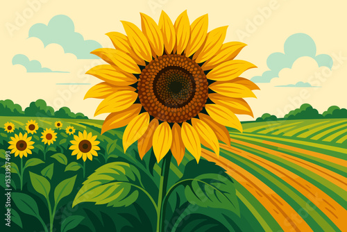 Sunflower field illustration in a flat vector style. Summer rural landscape with blooming yellow flowers. Agriculture, farming, and harvest concept. Beautiful countryside scenery on a sunny day.