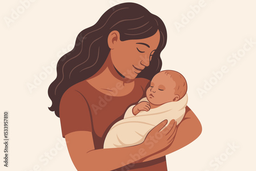 Tender maternal embrace with a loving mother holding her sleeping newborn baby. Vector illustration of motherhood, family, unconditional love, care, and maternity. Mom and child bond.