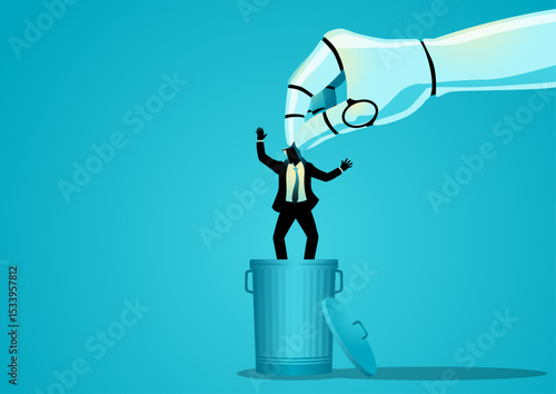 AI Replacing Human Workers, robot hand throwing businessman in trash bin