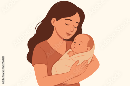 Loving mother holding her sleeping newborn baby. Tender maternal embrace illustration. Happy motherhood, maternity, and family concept. Woman cuddling her swaddled infant child.