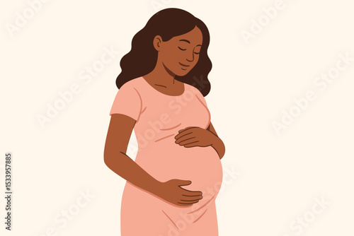 Happy pregnant black woman lovingly holds her belly. Serene expectant mother-to-be. Concept of motherhood, pregnancy, maternity, anticipation, new life, care, love and family.