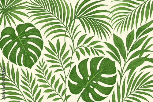 Seamless pattern with exotic tropical leaves like monstera and palm. Botanical summer jungle foliage. Hand drawn vector illustration for background, fabric print, and wallpaper.