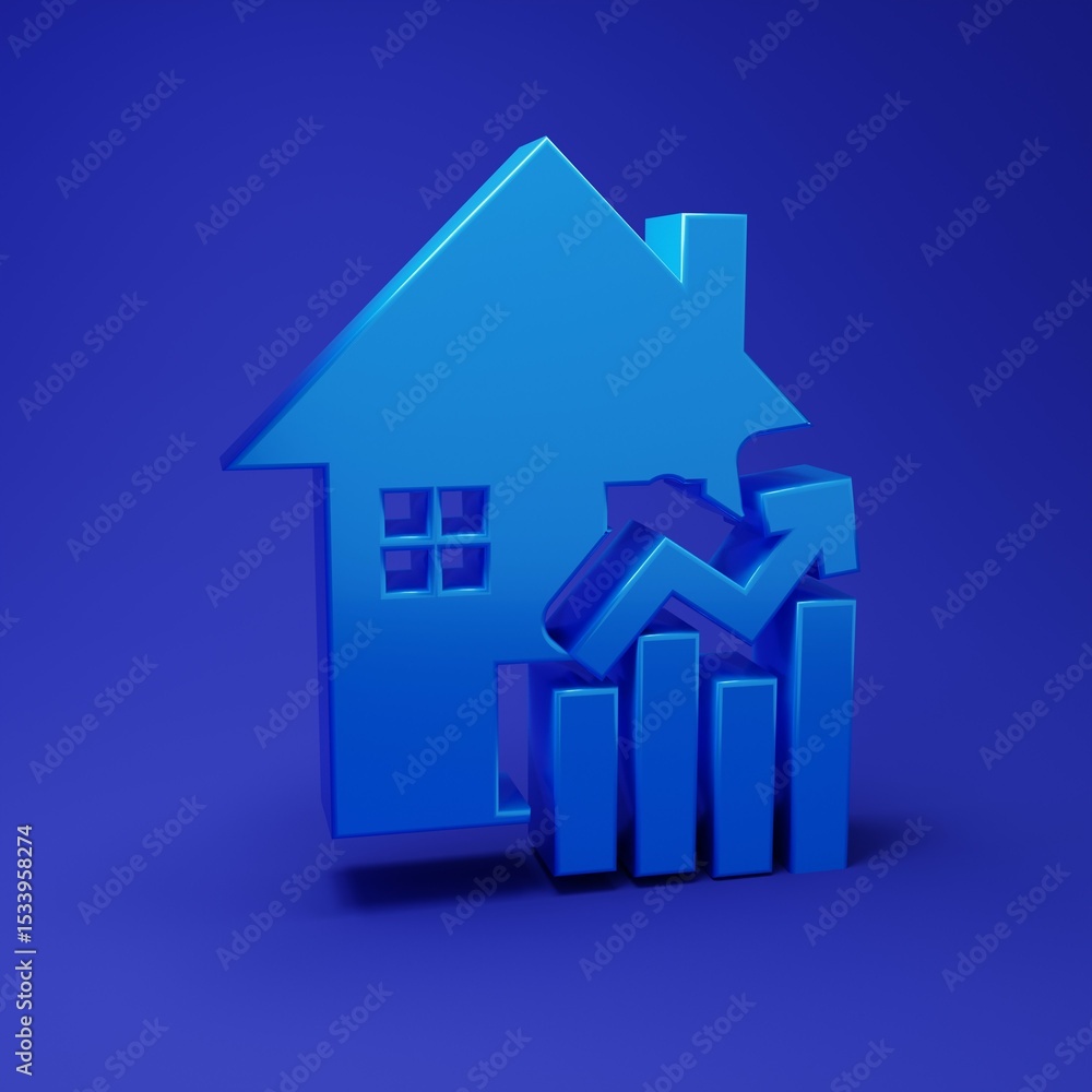 Blue Rising cost of housing icon isolated on blue background. Rising price of real estate. Residential graph increases. Minimalism concept. 3D render illustration Blue Rising cost of housing icon isolated on blue background. Rising price of real estate. Residential graph increases. Minimalism concept. 3D render illustration