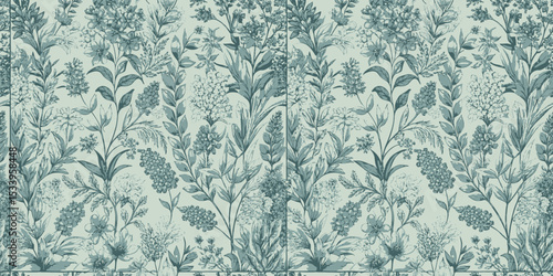 Intricate floral pattern in soft teal tones, showcasing nature's beauty.