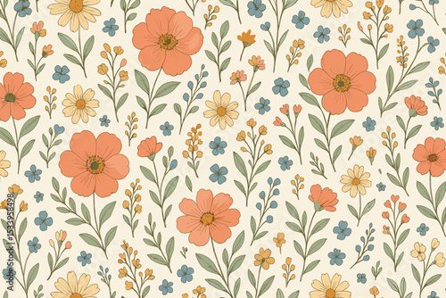 Wallpaper Mural Retro floral seamless pattern with hand drawn flowers. Vintage 70s style botanical illustration. Cute wildflower garden background for fabric, wallpaper, and textile design print. Torontodigital.ca