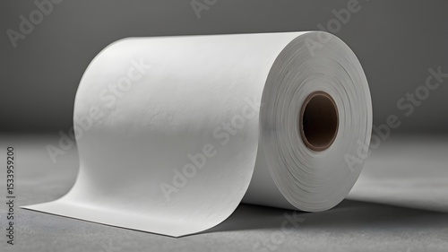 A pristine roll of white paper unfurling gracefully across a neutral gray surface, its texture subtly visible in the soft light