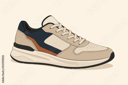 Modern urban sneaker vector illustration. Side view of a stylish casual shoe for fashion and lifestyle. Retro chunky trainer design for sport and everyday wear. Footwear concept.