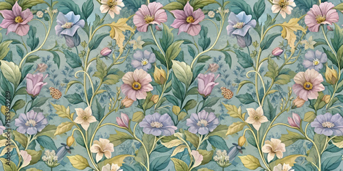 Delicate floral pattern in soft pastels featuring various blooms and leaves.