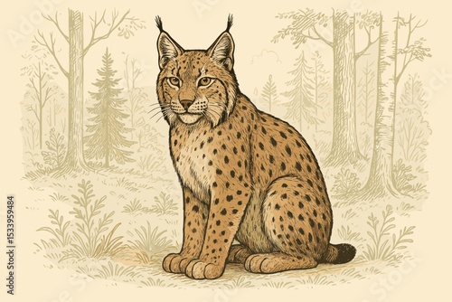 Vintage illustration of a Eurasian lynx sitting in a forest. Hand-drawn wild cat in an engraved, detailed style. Wildlife animal portrait. Concepts of zoology, fauna, nature, and wilderness.