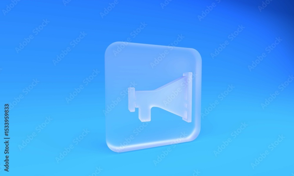 Fototapeta premium Frosted glass Megaphone icon isolated on blue background. Speaker sign. Square frosted glass button. 3D render illustration