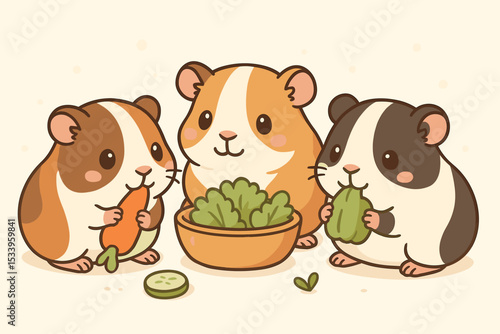 Cute cartoon guinea pigs eating vegetables. Kawaii friends sharing a healthy meal of carrots and lettuce. Adorable pet rodents illustration for kids. Group of happy cavies feasting.