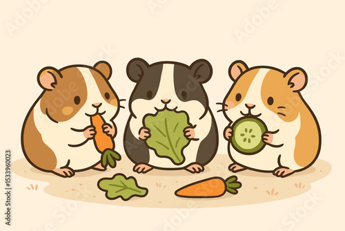 Three cute cartoon guinea pigs eating vegetables. Adorable kawaii pet rodents enjoying a healthy feast of carrot, lettuce, and cucumber. Happy animal characters illustration.